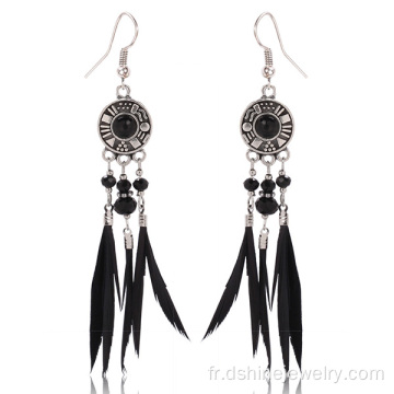 Boucles d’oreilles plume noire en alliage Pendentif Cristal crochet boucle d’oreille